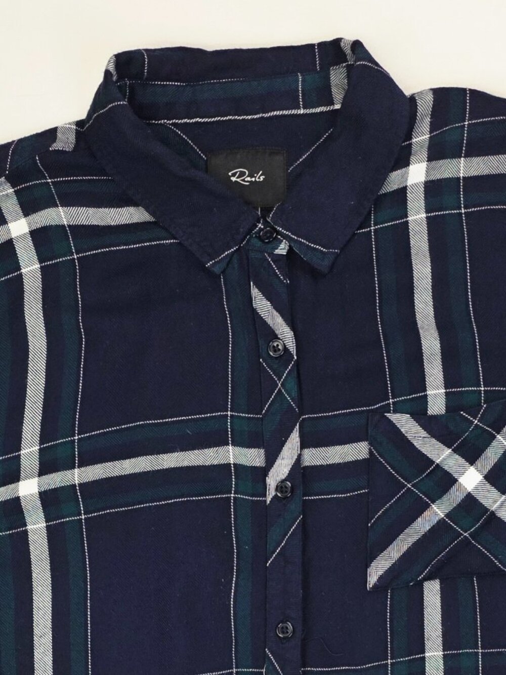 Rails Navy Green White Plaid Women Lightweight Flannel Size Large Logo Tag Shirt